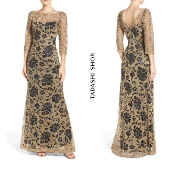 TADASHI SHOJI GOLD BLACK Embroidered Lace Evening Gown Dress! Size 2! - Picture 1 of 5